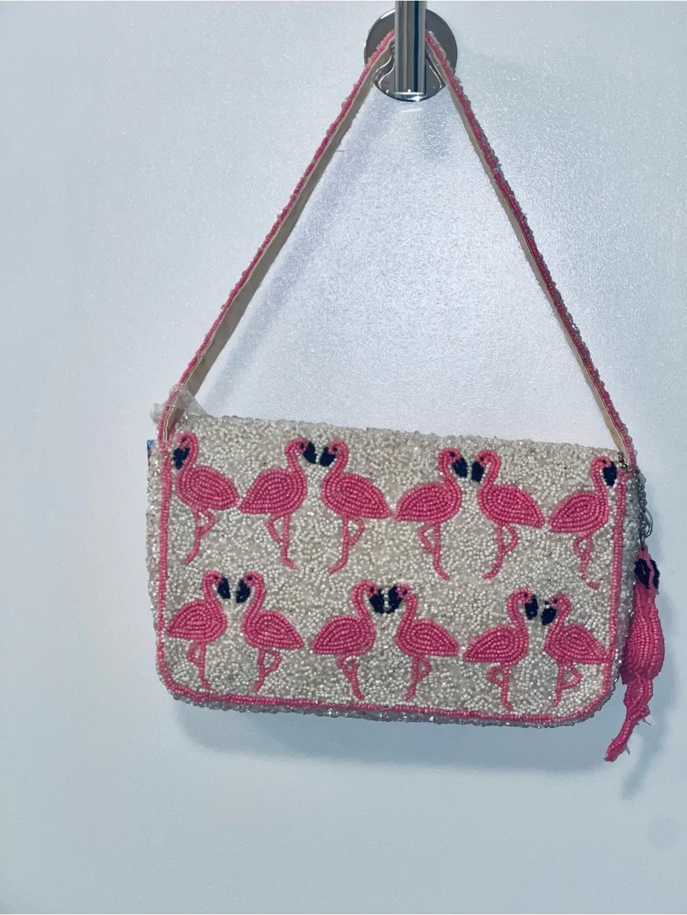 Pink Flamingo Beaded Top-Handle Bag White Sequins Viral Novelty India New - Picture 3 of 8